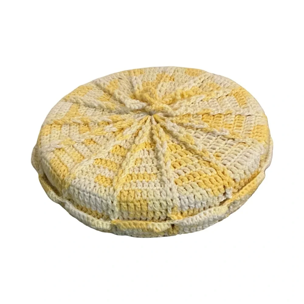 Handmade Crochet Round Seat Cushion Yellow White Sunburst Chair Pad 12 Inch Boho